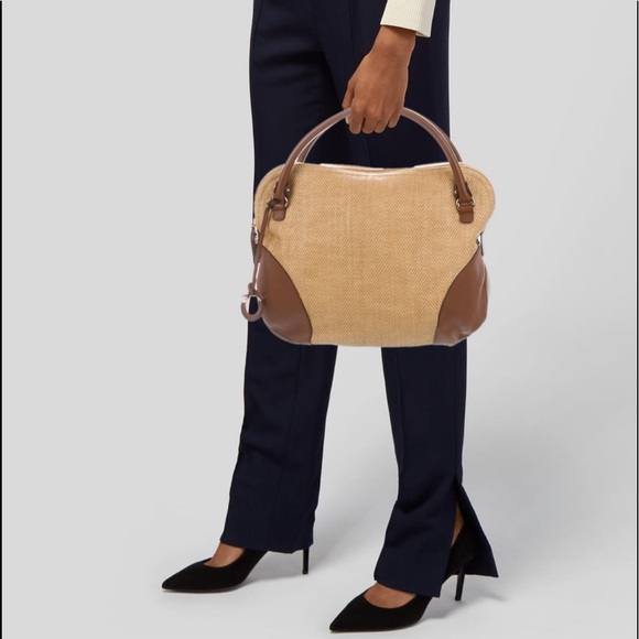 NWOT - SALVATORE FERRAGAMO Yellow/Brown Woven Raffia and Leather Gancio Satchel - Picture 3 of 12